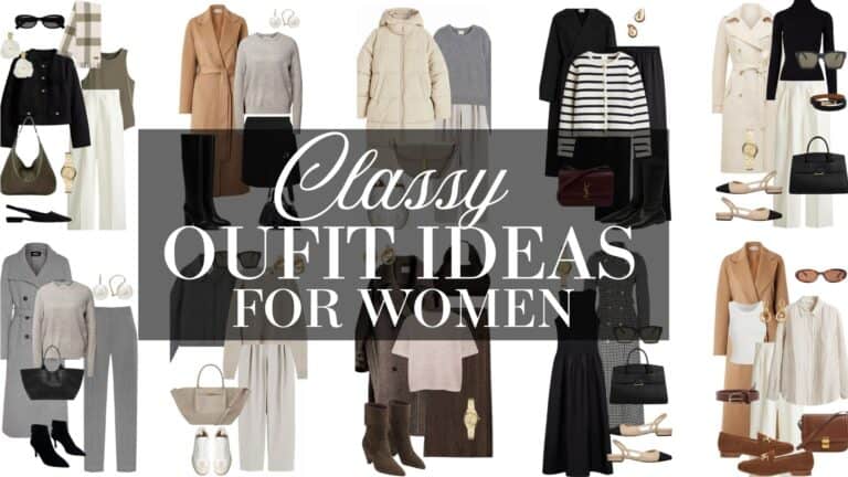 The image showcases a collection of classy women's outfits, featuring a variety of combinations, including tailored blazers, elegant dresses, and chic outerwear. Each outfit is accessorized thoughtfully with items like structured handbags, statement jewelry, and stylish footwear, reflecting a sophisticated aesthetic perfect for different occasions. The overall color palette includes neutral tones, soft grays, and classic black and white, emphasizing timeless style.