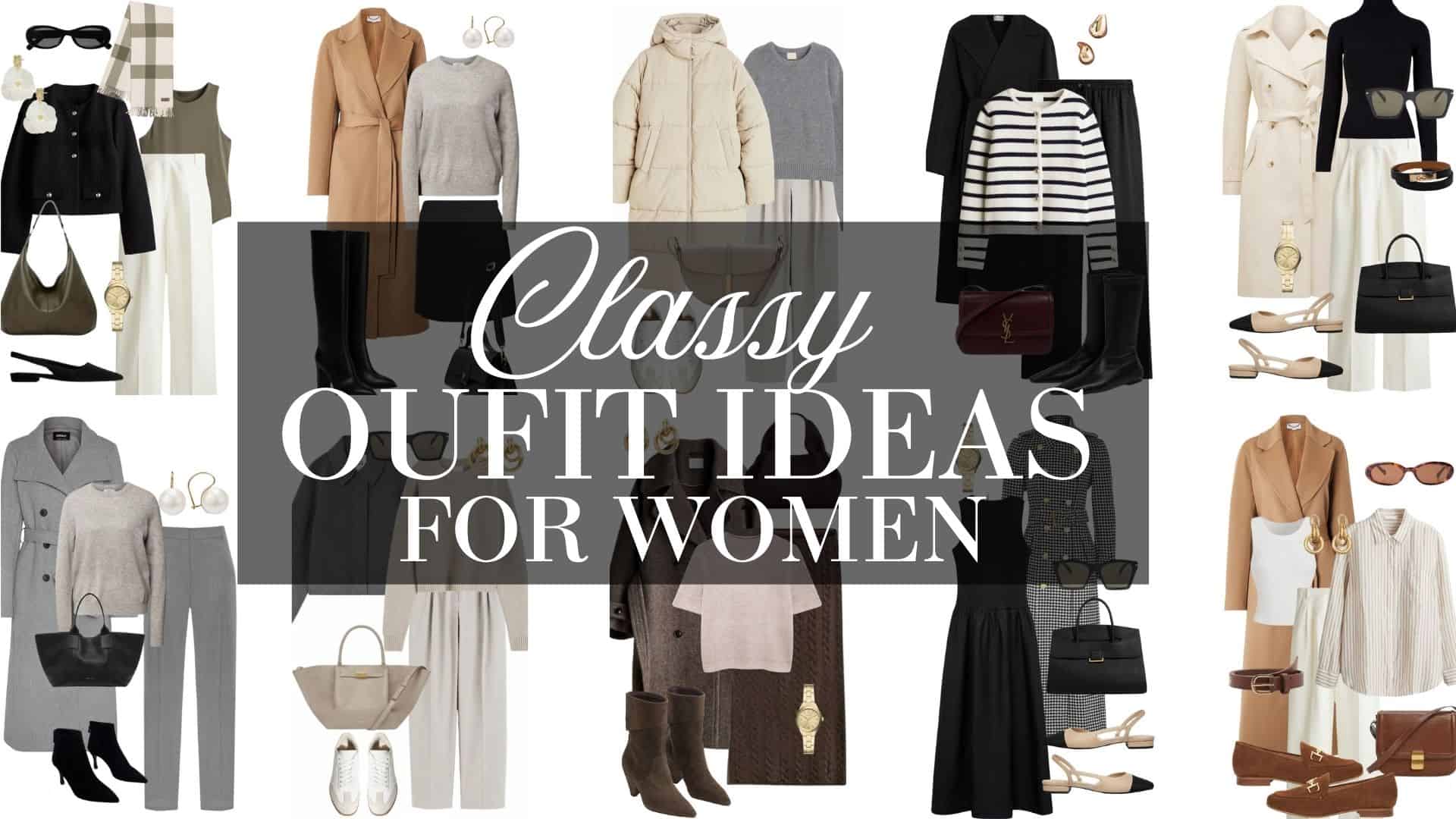 The image showcases a collection of classy women's outfits, featuring a variety of combinations, including tailored blazers, elegant dresses, and chic outerwear. Each outfit is accessorized thoughtfully with items like structured handbags, statement jewelry, and stylish footwear, reflecting a sophisticated aesthetic perfect for different occasions. The overall color palette includes neutral tones, soft grays, and classic black and white, emphasizing timeless style.