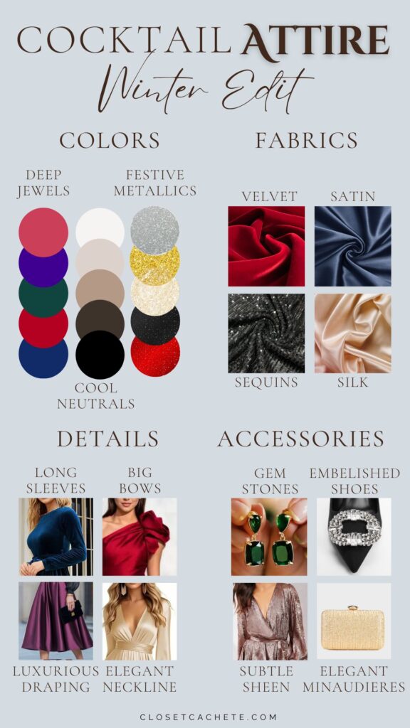 chart showing colors, fabrics, details and accessories to wear for winter cocktail attire for women
