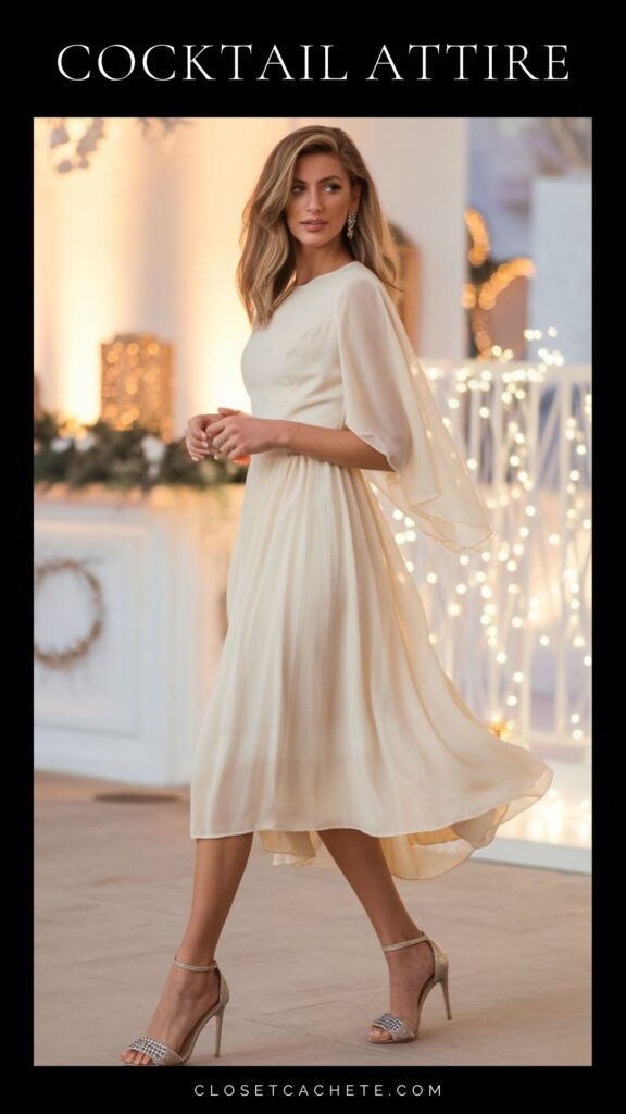 blond woman wearing festive cocktail dress in cream with elegant chiffon fabric