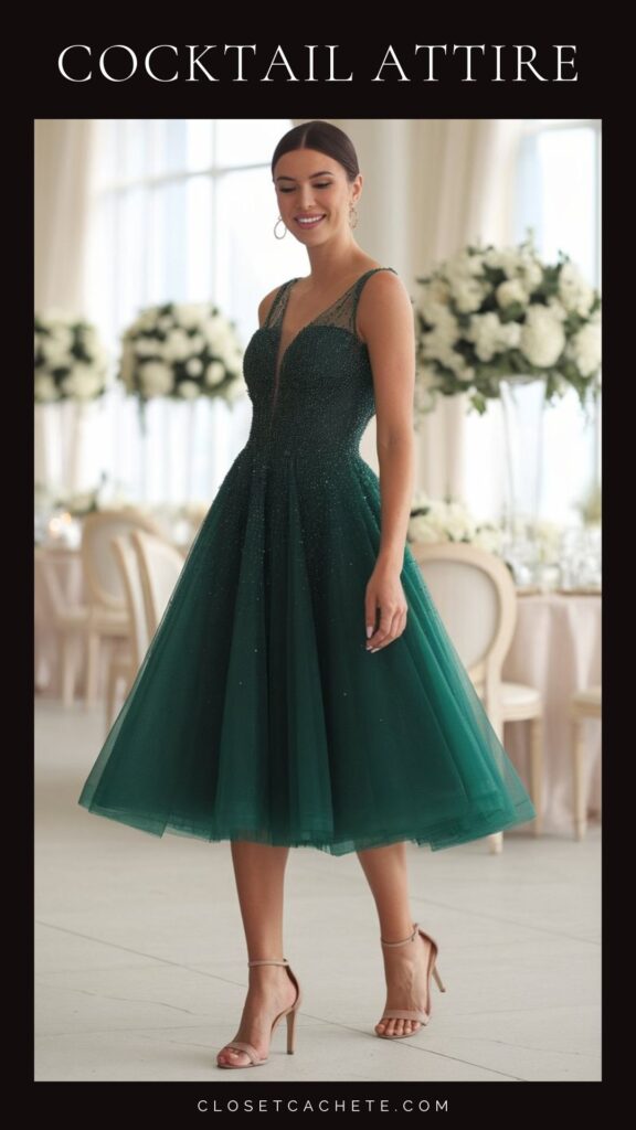 The outfit features a fitted emerald green cocktail dress with a deep V-neckline and embellished bodice, complemented by a flared tulle skirt that reaches mid-calf. The look is completed with elegant strappy nude heels, perfect for a formal cocktail event.