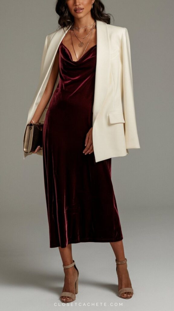 The outfit features a deep burgundy, velvet midi dress with a cowl neckline, paired with a tailored white blazer that adds sophistication. Accessories include layered necklaces and a stylish gold clutch, while the look is completed with nude, strappy high-heeled sandals. This ensemble exemplifies elegant cocktail attire, perfect for formal occasions.