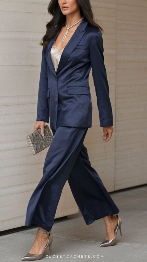 The outfit features a sleek navy satin suit, consisting of a tailored blazer and wide-leg trousers. Underneath, a light-colored lingerie top peeks out, complemented by a delicate pearl necklace, while the look is finished with stylish metallic high heels and a sparkling clutch bag. This ensemble exemplifies modern cocktail attire, balancing elegance and sophistication.