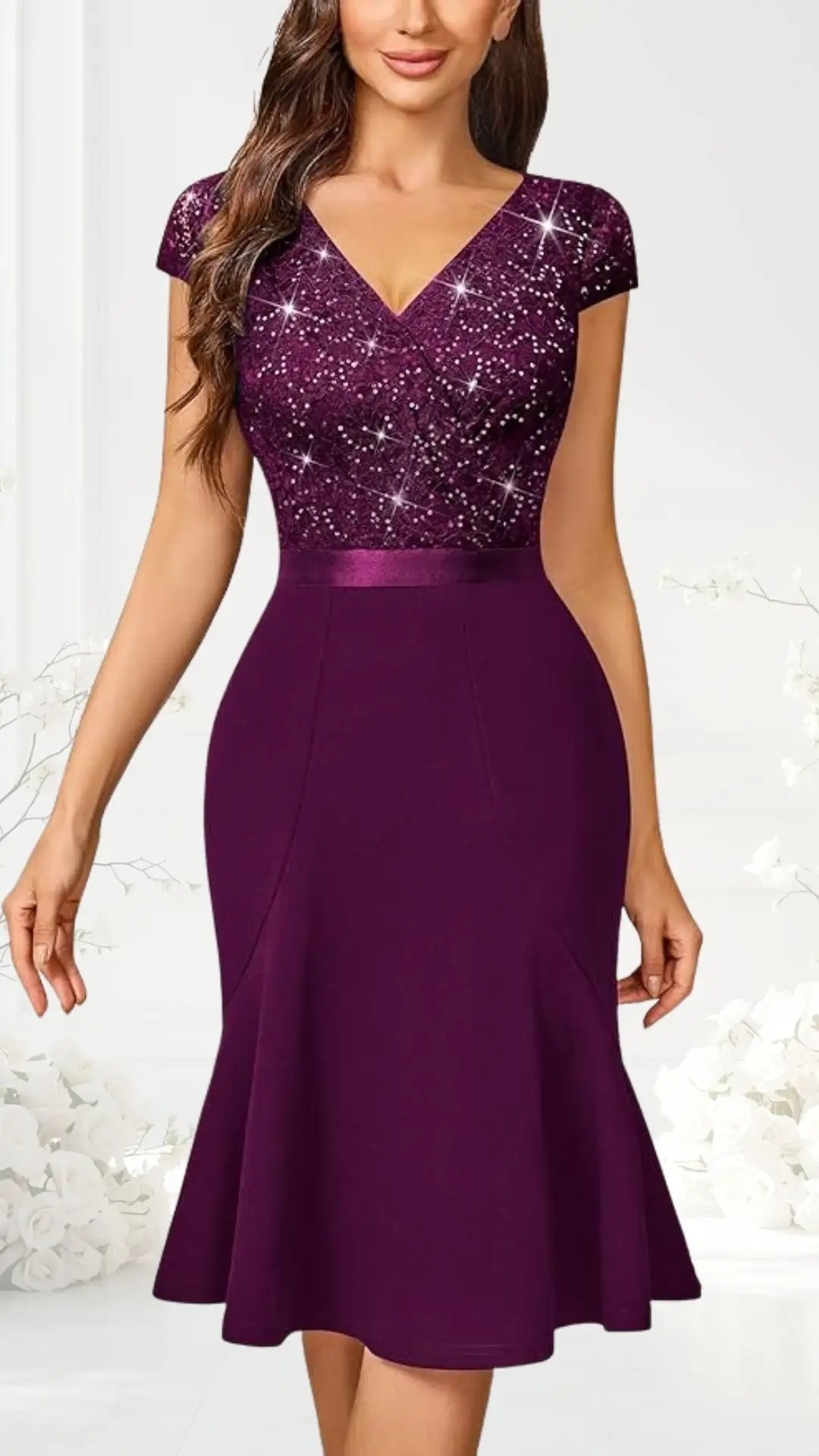 The dress features a fitted bodice in a rich purple adorned with a sparkling, sequined design, transitioning to a flared skirt that gently sways with movement. It has a flattering V-neckline and cap sleeves, complemented by a satin waistband that enhances the silhouette. The overall style is chic and elegant, making it suitable for cocktail events or weddings.