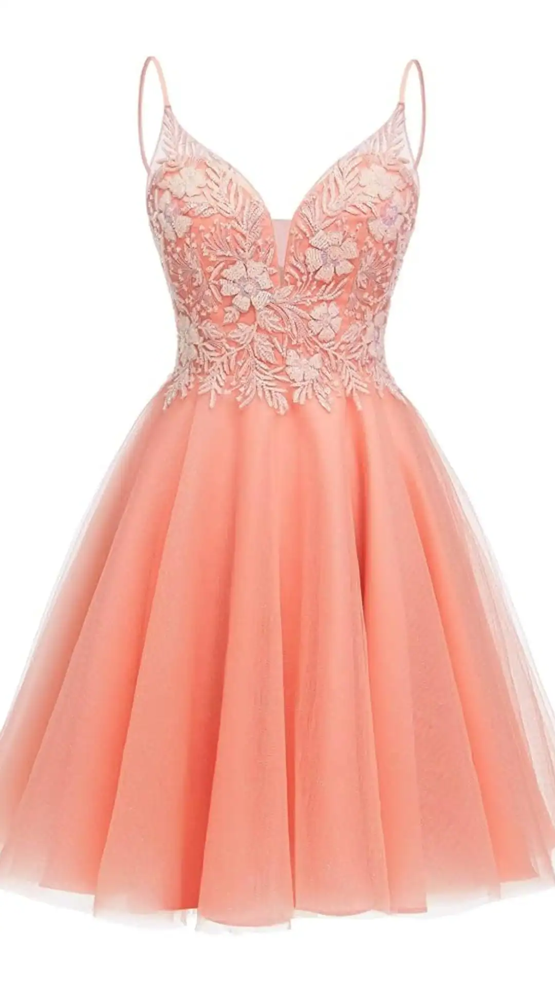 This homecoming dress features a flirty, fit-and-flare silhouette with a fitted bodice and a voluminous tulle skirt, crafted from soft, lightweight fabric. The dress showcases a delicate coral hue embellished with intricate floral embroidery, exuding a romantic and whimsical vibe, perfect for a formal event such as a school dance or prom, designed specifically for teenage girls.