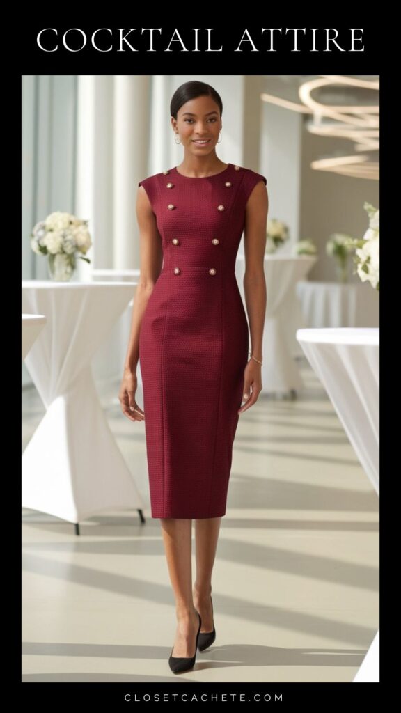 black woman wearing corporate cocktail dress in burgundy