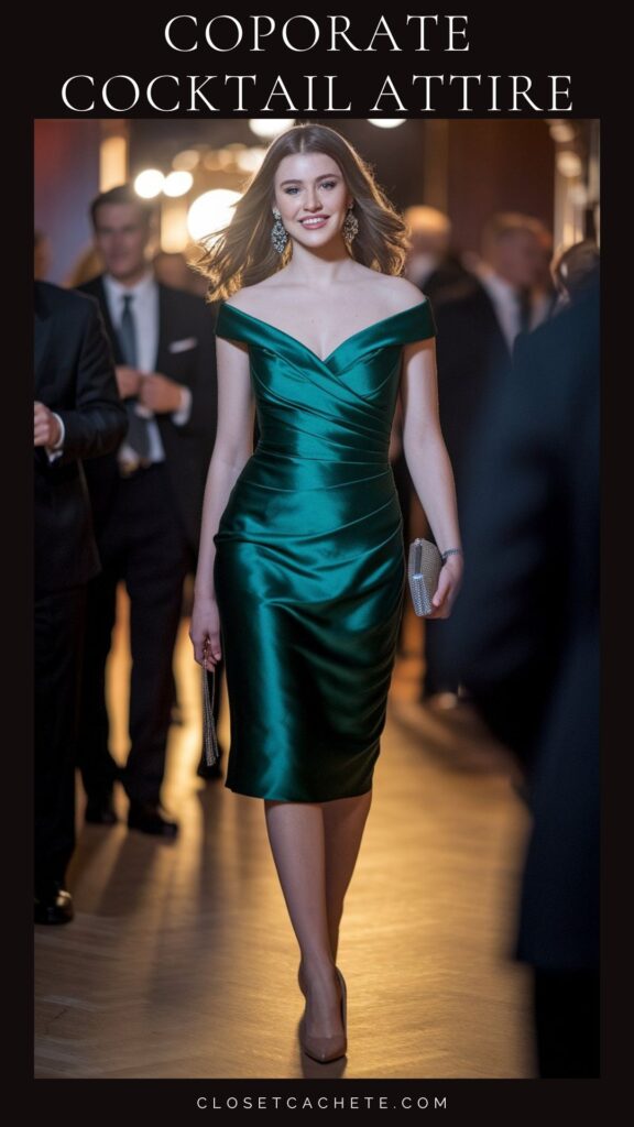 The outfit features a sleek, emerald green off-the-shoulder cocktail dress that elegantly hugs the body with ruched detailing. Paired with beige high heels and subtle jewelry, this look embodies sophistication, perfectly aligning with corporate cocktail attire standards. The model is walking confidently in a stylish setting, evoking a sense of polished elegance.