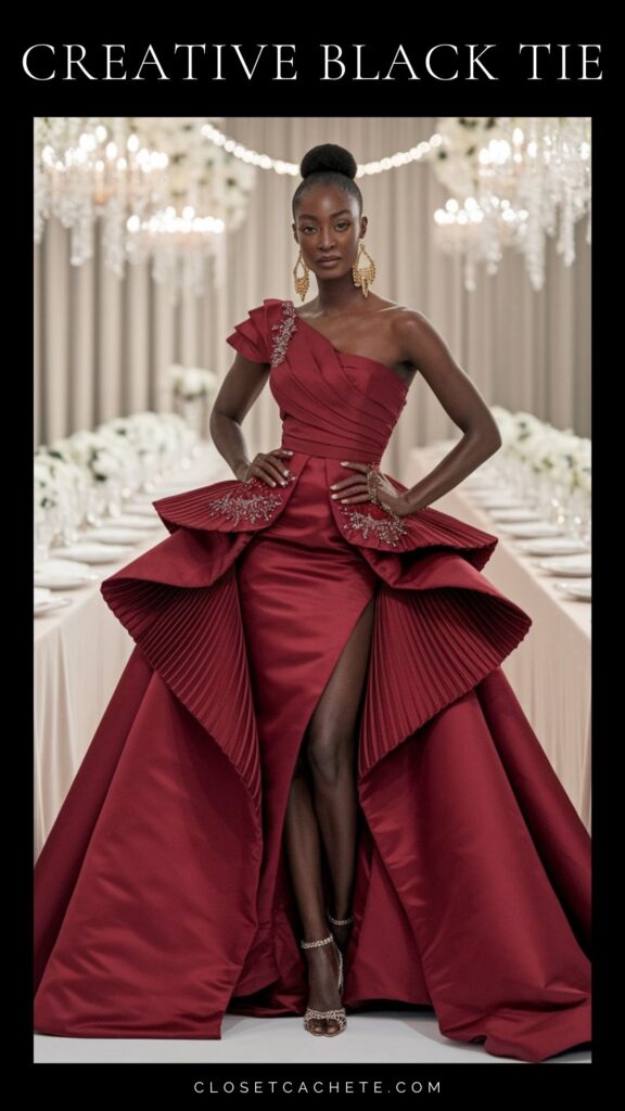 Black woman in dramatic red evening gown with architectural one-shoulder design and voluminous skirt, demonstrating bold creative black tie formal wear. Fashion-forward styling photographed against bright white wedding reception backdrop.