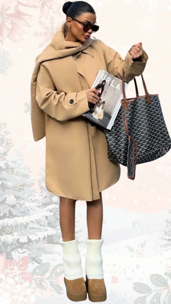 The outfit features a stylish camel-colored oversized coat made from a soft, warm fabric, paired with a chic magazine held in one hand. Below, she wears tan platform boots accented by fluffy white ribbed socks, creating a cozy yet fashionable look, complemented by a patterned tote bag. The overall ensemble merges comfort and elegance, perfect for winter outings.