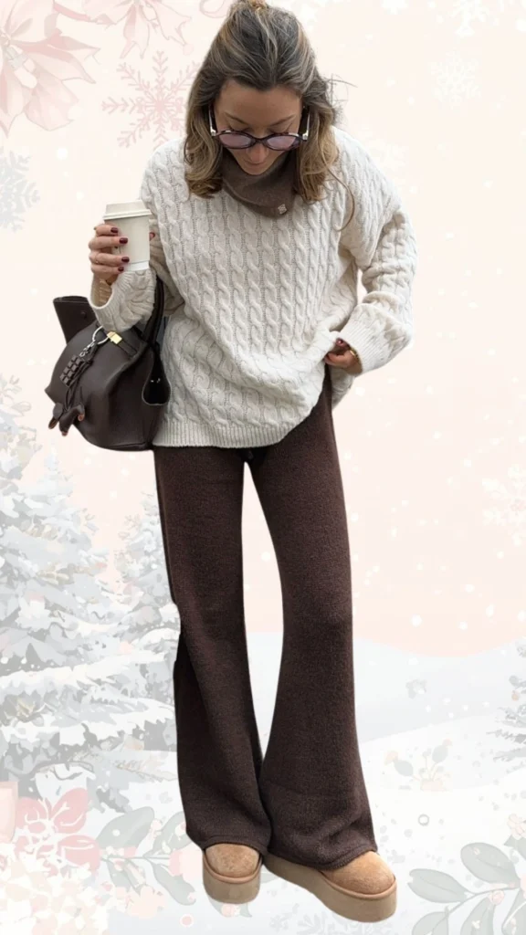 The outfit features a cozy, cable-knit cream sweater paired with soft, wide-leg brown knit pants that provide warmth and comfort. Completing the look are beige, plush slip-on shoes and a dark brown handbag, along with a cup of coffee in hand, perfect for a stylish yet relaxed winter ensemble.