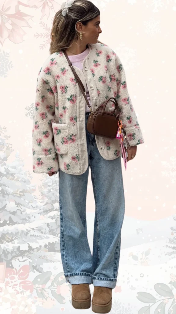 The outfit features a cozy, cream-colored fleece jacket with a floral pattern in soft pink and green, layered over a light pink sweater. Paired with relaxed-fit light blue denim jeans and tan platform ankle boots, the look is completed with a small brown handbag and a white hair scrunchie, creating a cute and stylish winter ensemble.