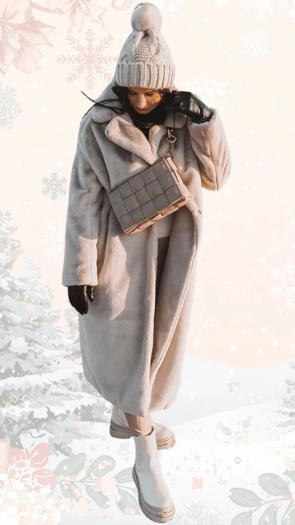 A cozy, oversized, light gray faux fur coat provides warmth, paired with a chunky cream knit beanie featuring a playful pom-pom on top. The outfit is complemented by black leather gloves and stylish white ankle boots with thick soles, adding a modern touch to the winter look. A beige quilted crossbody bag enhances the ensemble, blending texture and style.