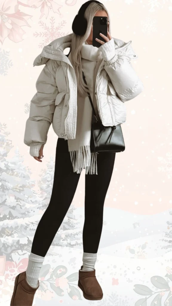 The outfit features a cozy, oversized cream puffer jacket with a high collar and a textured finish, paired with a matching knitted scarf. Underneath, a soft beige sweater complements black leggings, while grey socks and brown ankle boots provide a practical yet stylish touch. Black earmuffs and a small black crossbody bag complete the look, enhancing both warmth and elegance for winter.