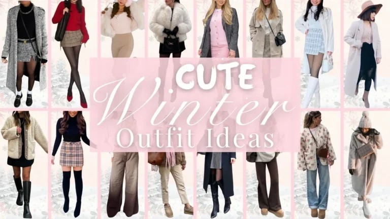 The image showcases a variety of cute winter outfits featuring soft textures and warm fabrics, including cozy knits, tailored coats, and stylish skirts. Colors range from rich reds and soft pastels to neutral tones, complemented by accessories like knee-high socks, oversized scarves, and fashionable boots. Each outfit is designed to balance warmth and style, ideal for winter outings.