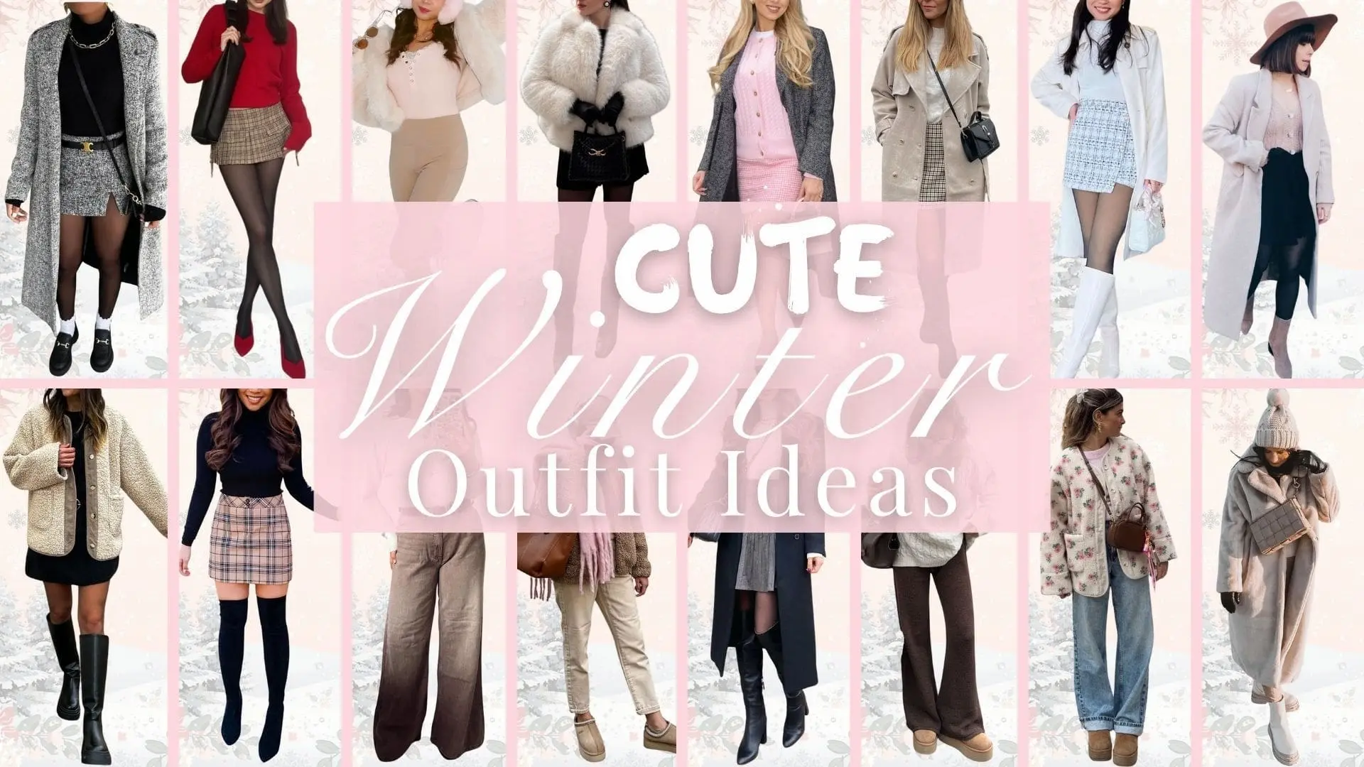 The image showcases a variety of cute winter outfits featuring soft textures and warm fabrics, including cozy knits, tailored coats, and stylish skirts. Colors range from rich reds and soft pastels to neutral tones, complemented by accessories like knee-high socks, oversized scarves, and fashionable boots. Each outfit is designed to balance warmth and style, ideal for winter outings.