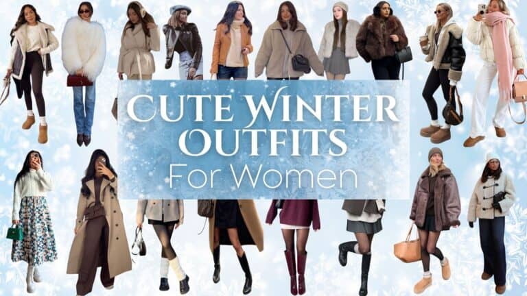 The image features a collection of stylish winter outfits for women, showcasing a variety of pieces including cozy oversized coats, fashionable sweaters, chic skirts, and warm boots. Different styles are depicted, such as layered looks with scarves and beanies, as well as combinations of casual and dressy elements, providing inspiration for versatile winter attire. The overall palette includes neutral tones, soft pastels, and some decorative patterns, perfect for embracing the winter season.