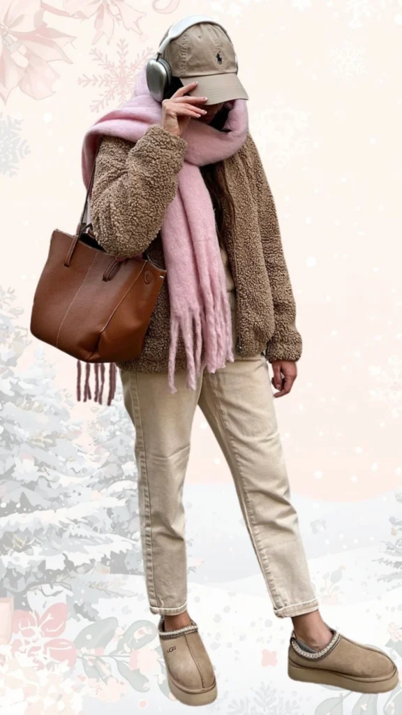 This cozy winter outfit features a plush beige teddy jacket paired with light beige straight-leg jeans. Accessorized with a soft pink scarf, a brown leather handbag, and UGG slip-on shoes, the look is completed with a casual beige cap and metallic headphones, creating a stylish yet comfortable ensemble perfect for chilly days.