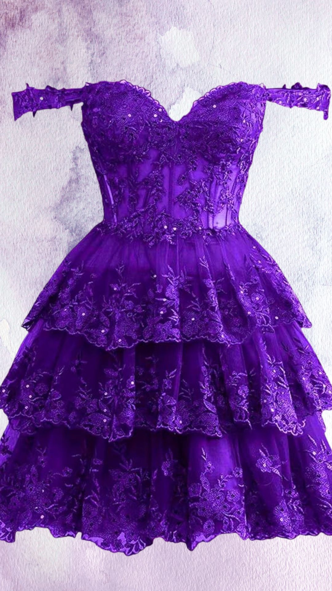 This dark purple dress features a flared silhouette with intricate floral embroidery and tiered ruffles, offering a playful and elegant look. It has a sweetheart neckline and off-the-shoulder sleeves, enhancing its romantic appeal, and falls to a mid-thigh length with a scalloped hemline. The rich purple color and sparkling details make it an eye-catching choice for homecoming.