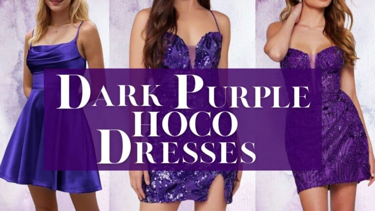 Three dark purple dresses are showcased, ideal for homecoming. The left dress features a fitted, satin bodice with a flowy flared skirt and thin straps. The center dress boasts an intricately sequined sweetheart neckline, body-hugging silhouette, and a thigh-high slit, while the right dress presents a fitted design with shimmering beadwork and a strapless neckline, enhancing a chic, glamorous look.