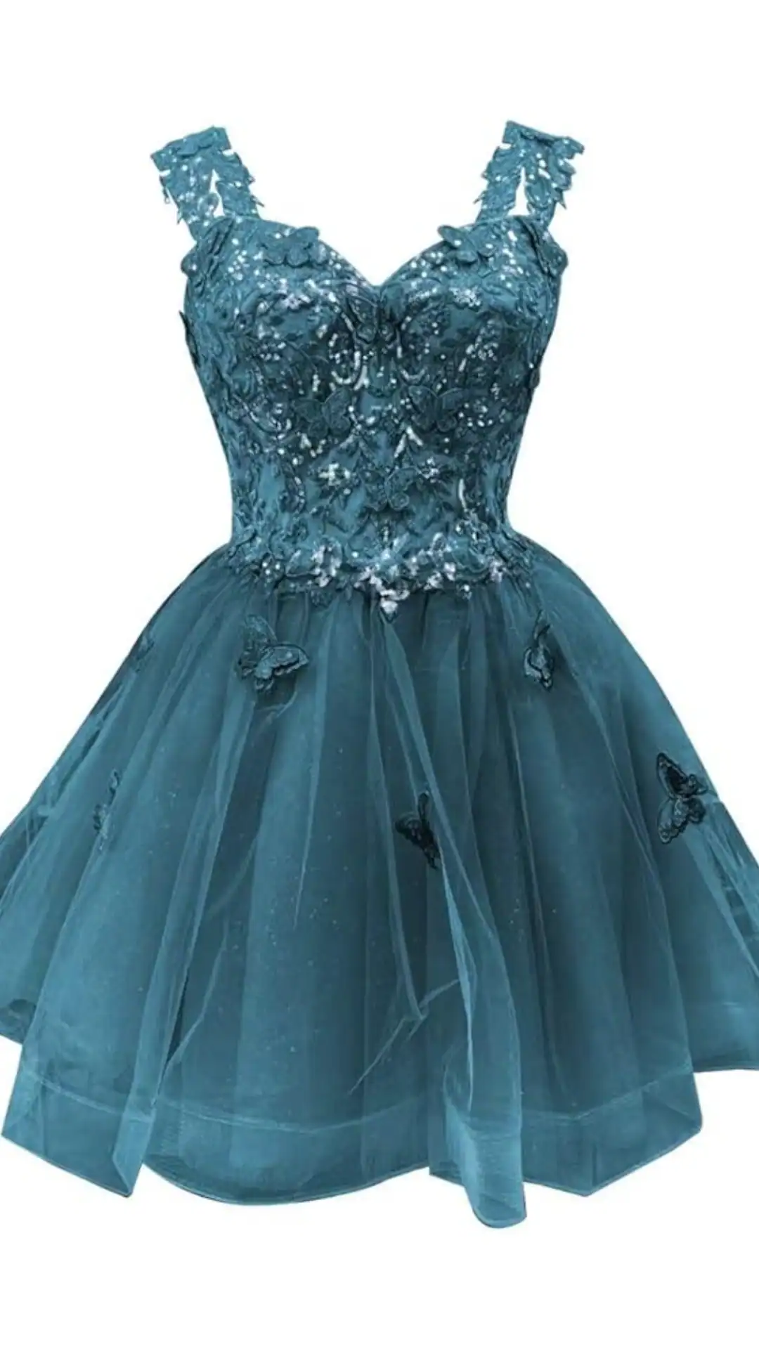 This homecoming dress features a captivating deep teal color with intricate beaded floral embroidery and butterfly appliqués, offering a whimsical yet elegant touch. The fitted bodice enhances the silhouette, while the voluminous tulle skirt provides a playful, romantic vibe, making it perfect for a festive school dance or formal event aimed at teenage girls.