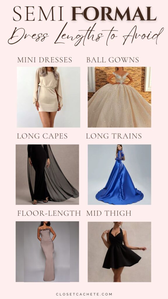 The image showcases six types of dress lengths to avoid for semi-formal occasions; each dress is labeled clearly. Featured styles include a beige mini dress, an embellished ball gown, flowing long capes, elegant long trains, a floor-length gown, and a mid-thigh cocktail dress. The background is soft pink, accentuating the fashion focus of the piece.