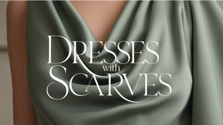 The image showcases an elegant dress featuring a soft, draped neckline in a muted olive green fabric. The design includes a flowing scarf detail that gracefully complements the silhouette, making it suitable for formal occasions. The overall appearance is sophisticated and refined, ideal for anyone seeking a stylish dress with a scarf accent.