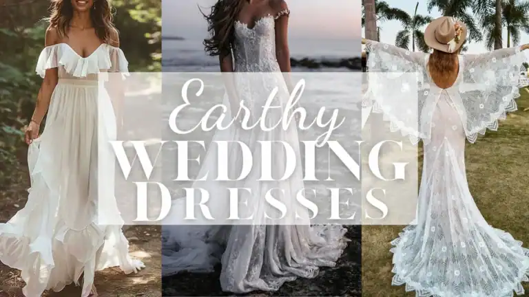 The image features a flowing, off-the-shoulder wedding dress in a soft, pure white with ruffled detailing along the neckline and sleeves. The dress has a relaxed fit that drapes elegantly over the body, creating a romantic silhouette perfect for an earthy wedding aesthetic. Complementing the natural tones, the design and fabric emphasize a carefree yet sophisticated vibe, suitable for outdoor ceremonies.