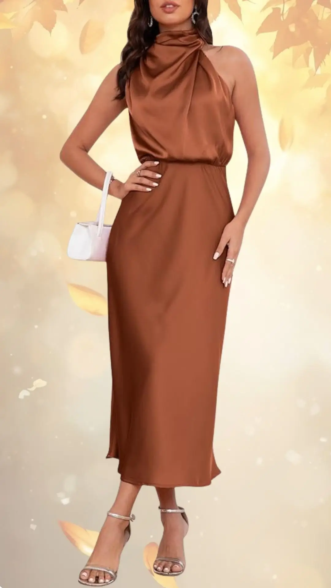 A sleek bronze wedding guest dress features a high neckline and delicate draping, creating an elegant silhouette. The earthy color complements a range of skin tones, while the model pairs it with strappy silver heels and a small white handbag. The background is softly blurred with autumn leaves, enhancing the warm, seasonal feel of the outfit.
