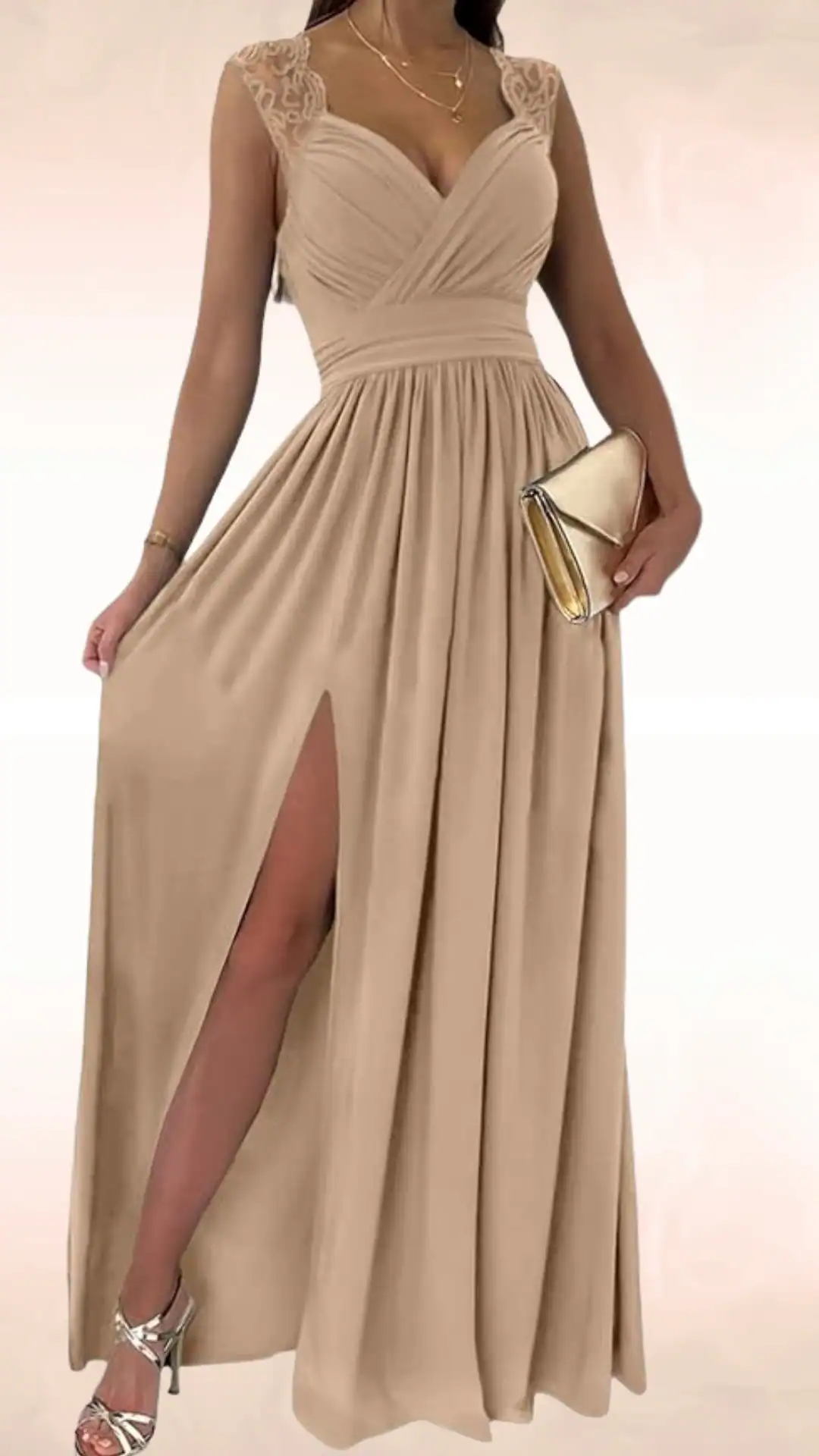 Elegant beige homecoming dress with a plunging V-neckline, lace cap sleeves, and a high slit, ideal for formal occasions.