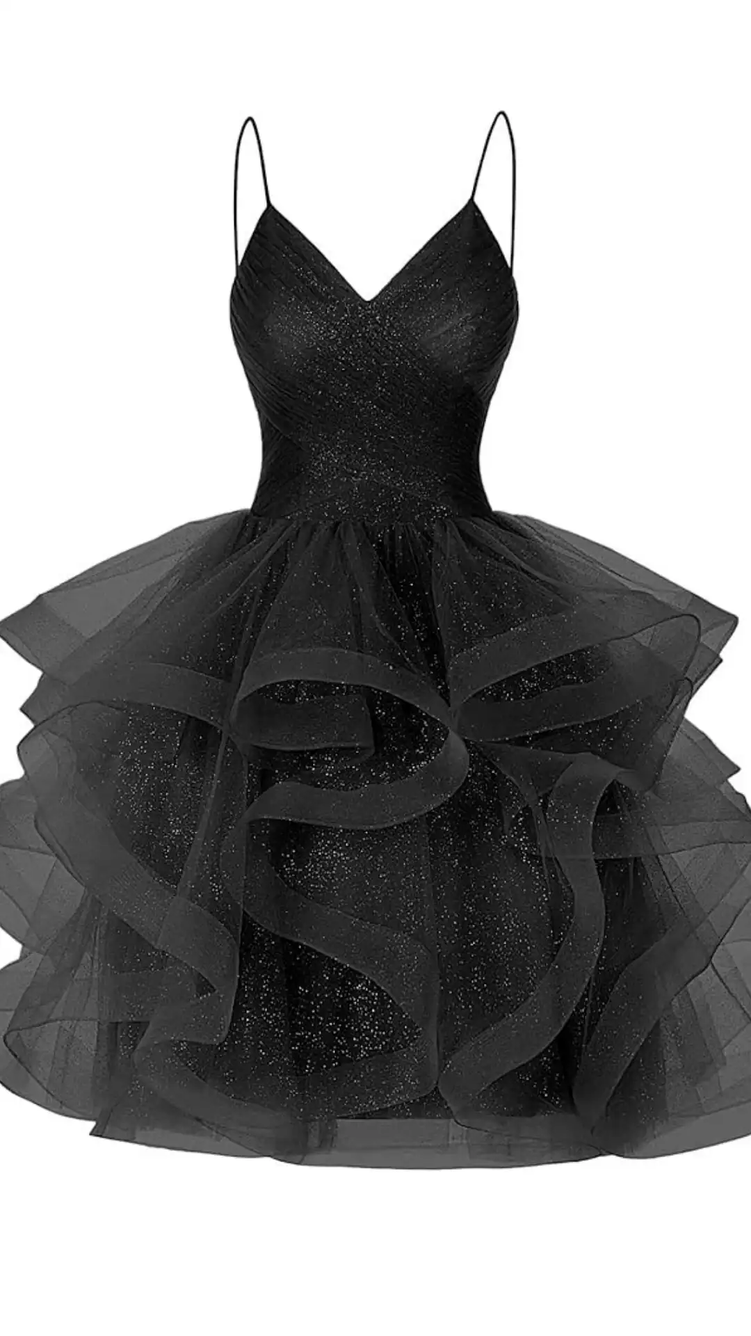This stunning black homecoming dress features a fitted bodice with a V-neckline and delicate spaghetti straps, crafted from a smooth fabric that catches light, complemented by a voluminous skirt made of layered tulle with sparkling accents. The overall vibe is elegant and playful, making it perfect for a formal event or school dance, ideal for teenage girls looking to make a statement.