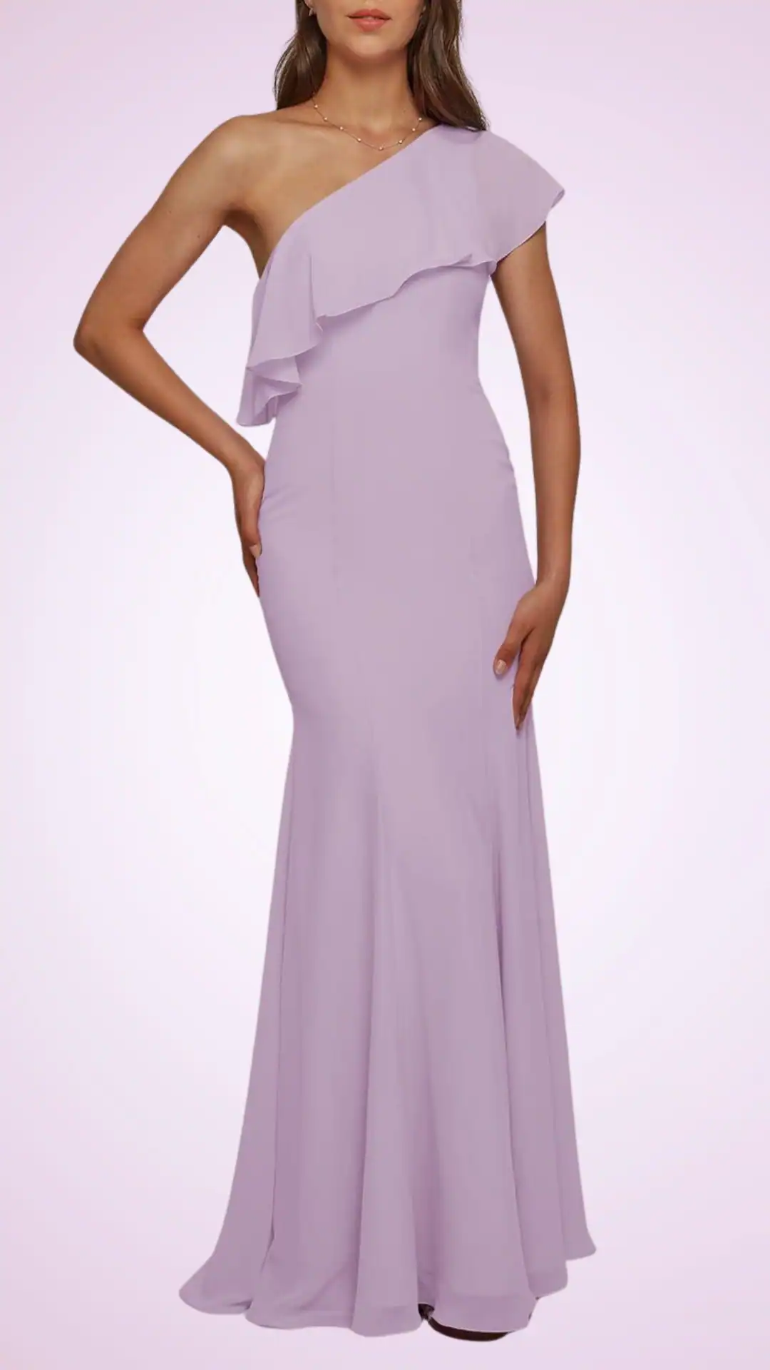 Elegant one-shoulder lavender homecoming dress with ruffle detail, form-fitting silhouette that flares below the knee, ideal for formal events and school dances.