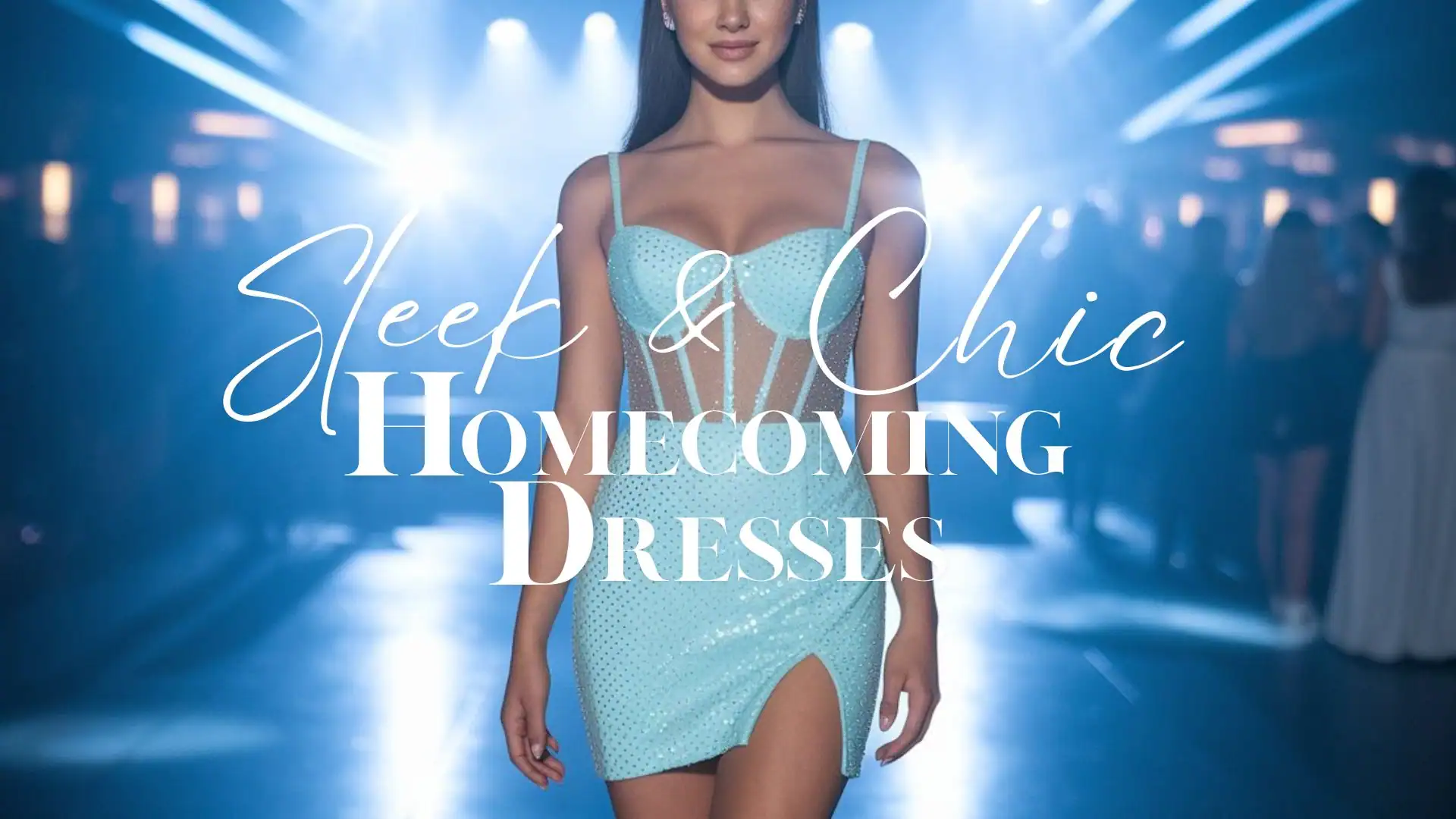This tight homecoming dress features a dazzling light blue fabric adorned with subtle sequins, enhancing its sleek silhouette. The dress showcases a corseted bodice with sheer side panels and a daring high slit, emphasizing a fitted shape that flatters the figure. The overall design exudes elegance and sophistication, perfect for a memorable evening.