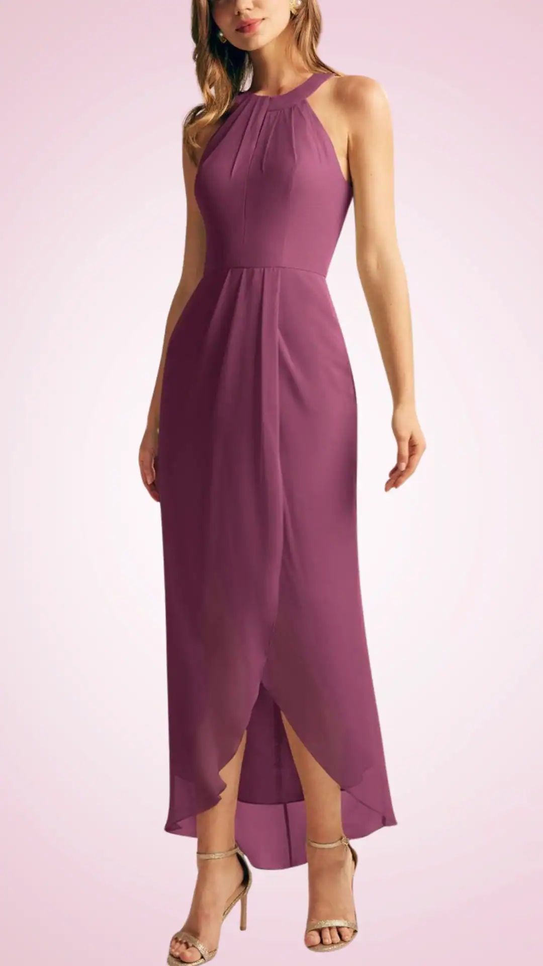 Elegant floor-length mauve homecoming dress with halter neckline and A-line silhouette, perfect for formal events.
