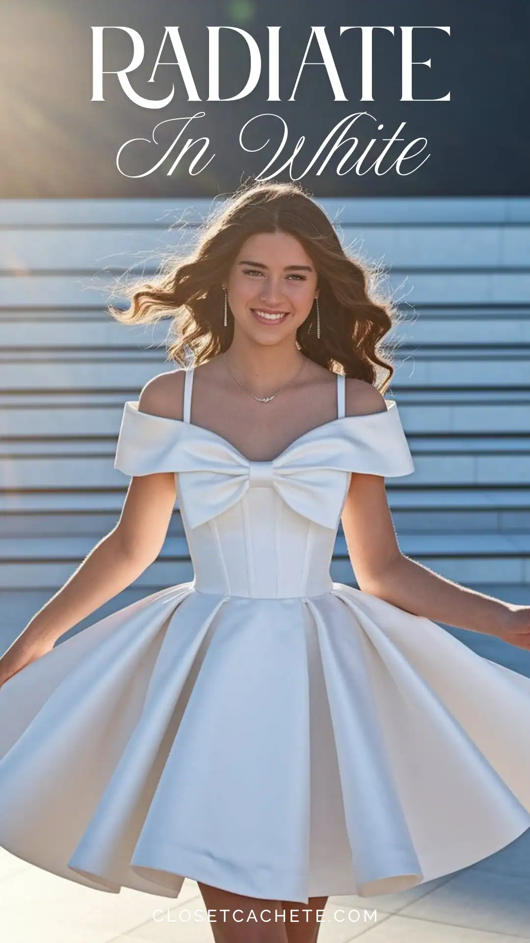 This elegant off-the-shoulder homecoming dress features a structured bodice adorned with a large front bow, crafted from smooth, luxurious white fabric. The dress has a playful, flared skirt that adds volume, creating a romantic and whimsical vibe, perfect for a school dance or formal event, designed specifically for teenage girls.
