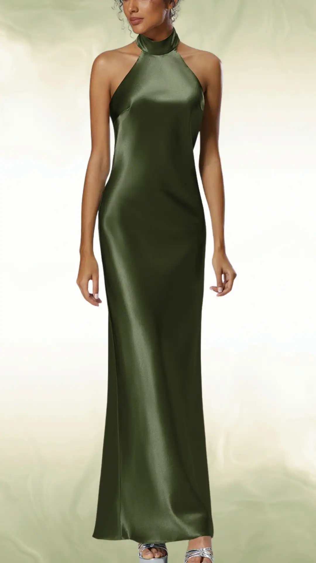 Elegant olive green homecoming dress with a fitted design and high neckline, made from glossy satin fabric.