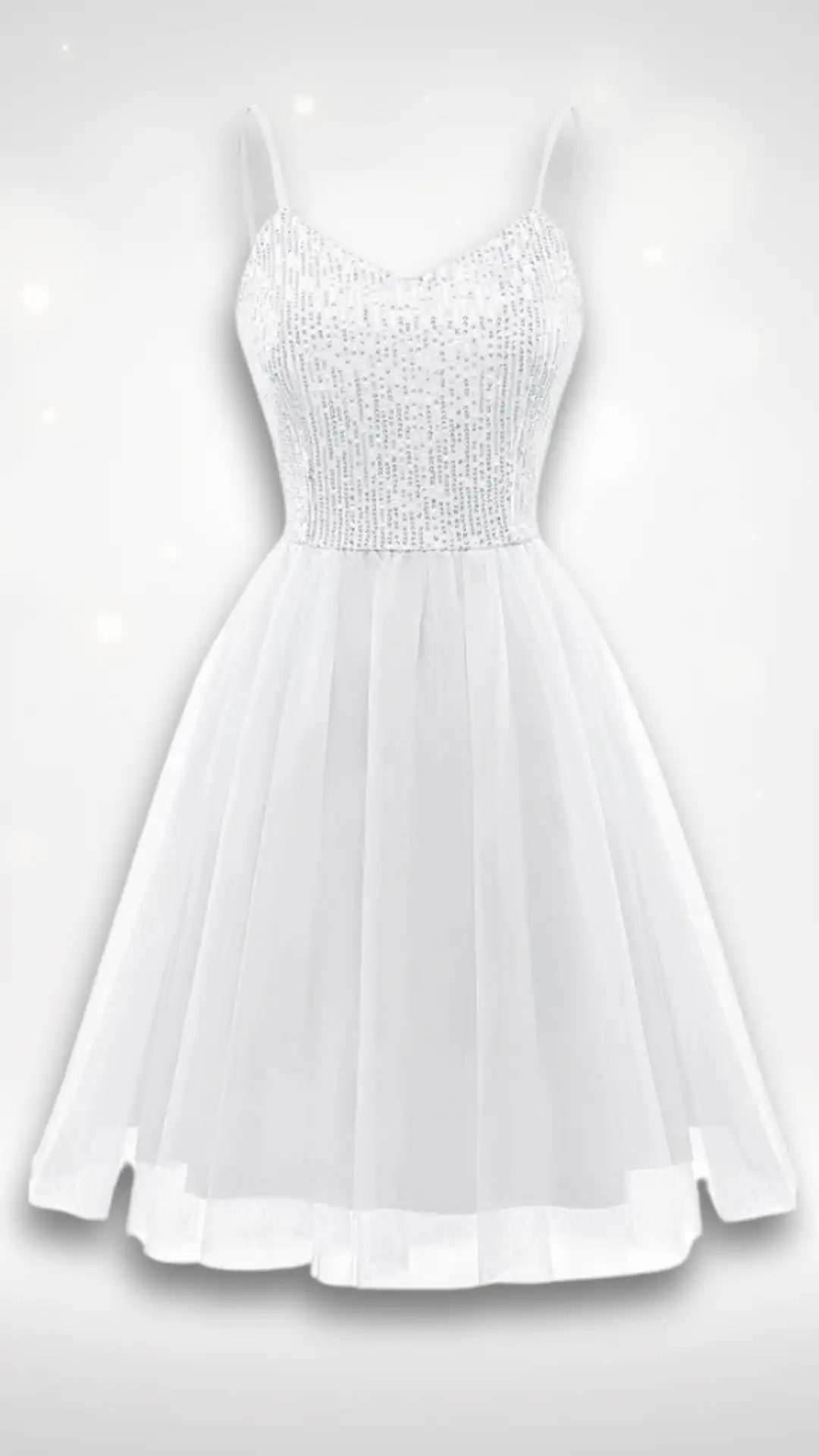 This elegant white homecoming dress features a fitted bodice adorned with sparkling embellishments, creating a glamorous aesthetic, while the flowing tulle skirt adds a touch of volume and movement. The delicate spaghetti straps and classic fit make it suitable for a formal event, embodying a romantic yet trendy vibe perfect for teenage girls attending a school dance or homecoming celebration.