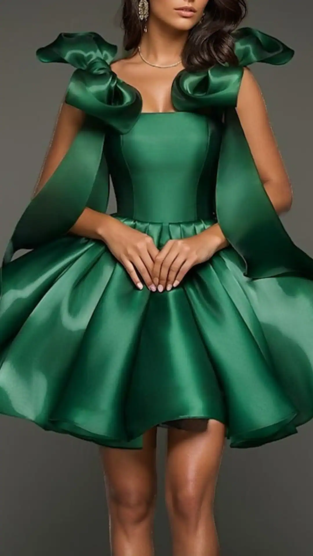 This enchanting dress features a vibrant emerald green hue, crafted from a sleek satin fabric that exudes a luxurious shine and smooth texture. The design showcases an elegant fitted bodice with dramatic oversized bows on the shoulders, flowing into a voluminous skirt that creates a playful silhouette, perfect for a trendy homecoming event.