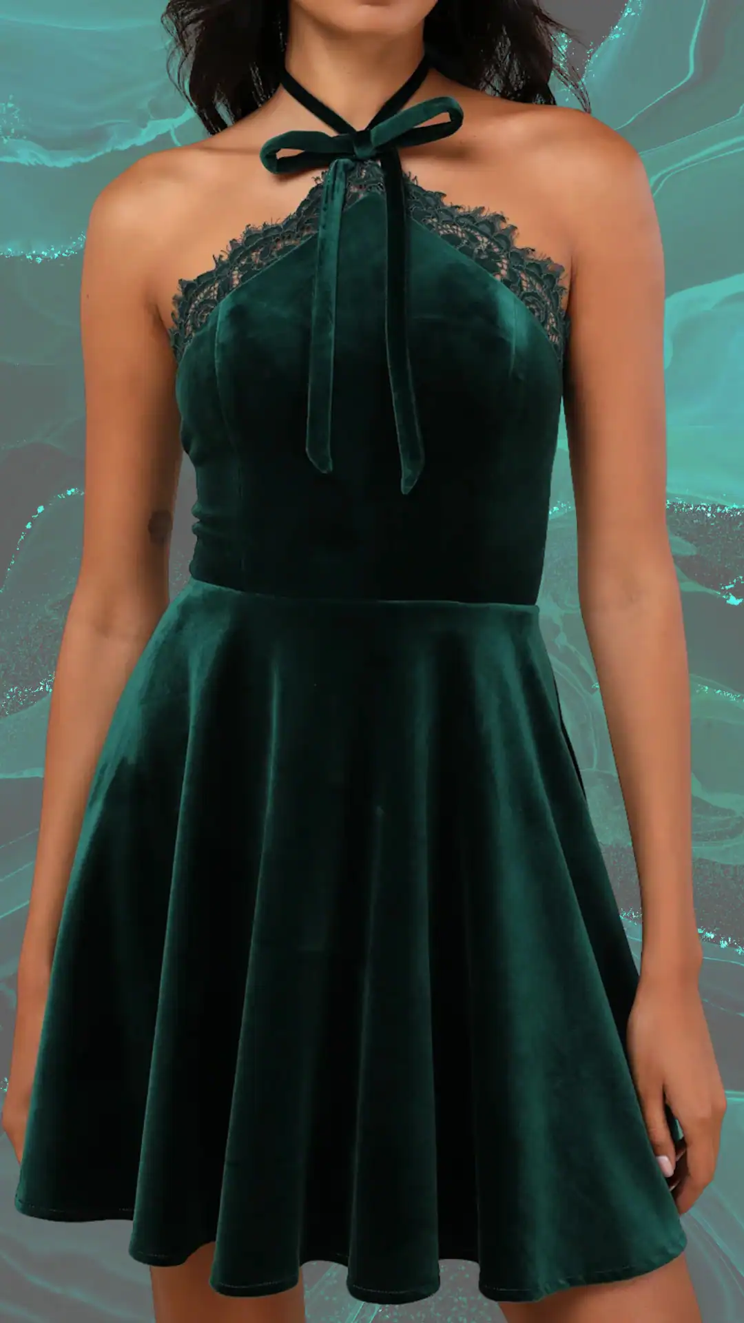 This homecoming dress features a deep emerald green hue with a rich velvet texture, complemented by delicate lace detailing along the neckline and a playful, skater-style skirt that flares out gently. The overall design embodies a romantic and trendy vibe, making it perfect for a formal homecoming event for teens.