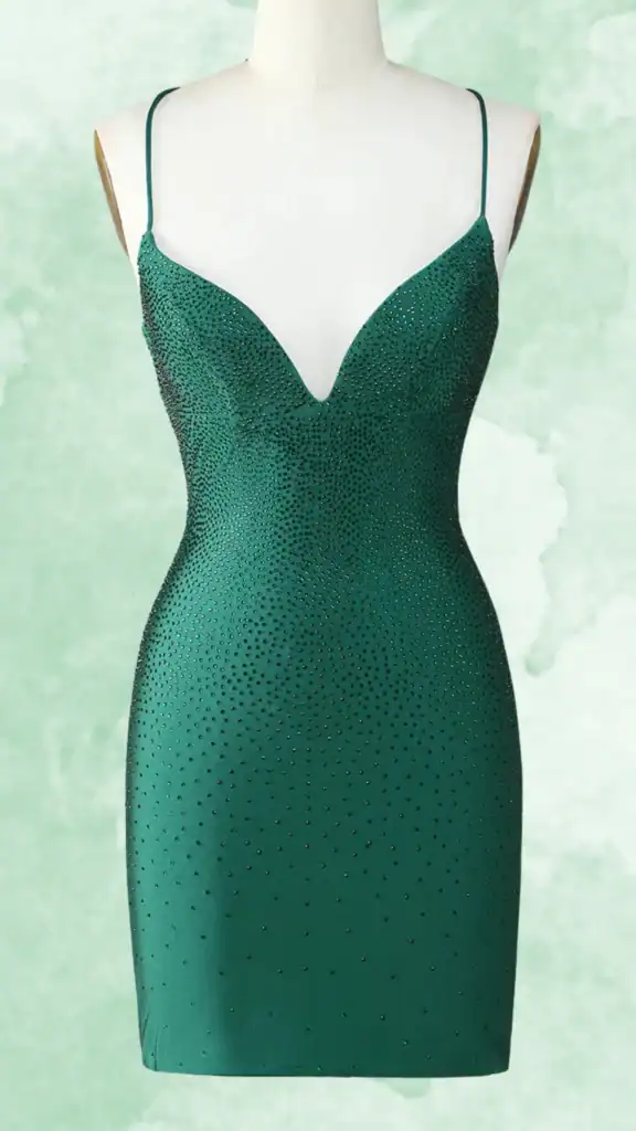 This tight homecoming dress features a plunging V-neckline and is adorned with shimmering, strategically placed rhinestones that catch the light beautifully. The deep emerald green fabric has a smooth texture and hugs the body closely, accentuating curves without any volume in the skirt, creating a sleek silhouette. Thin adjustable straps complete the design, offering a customizable fit for comfort and style.