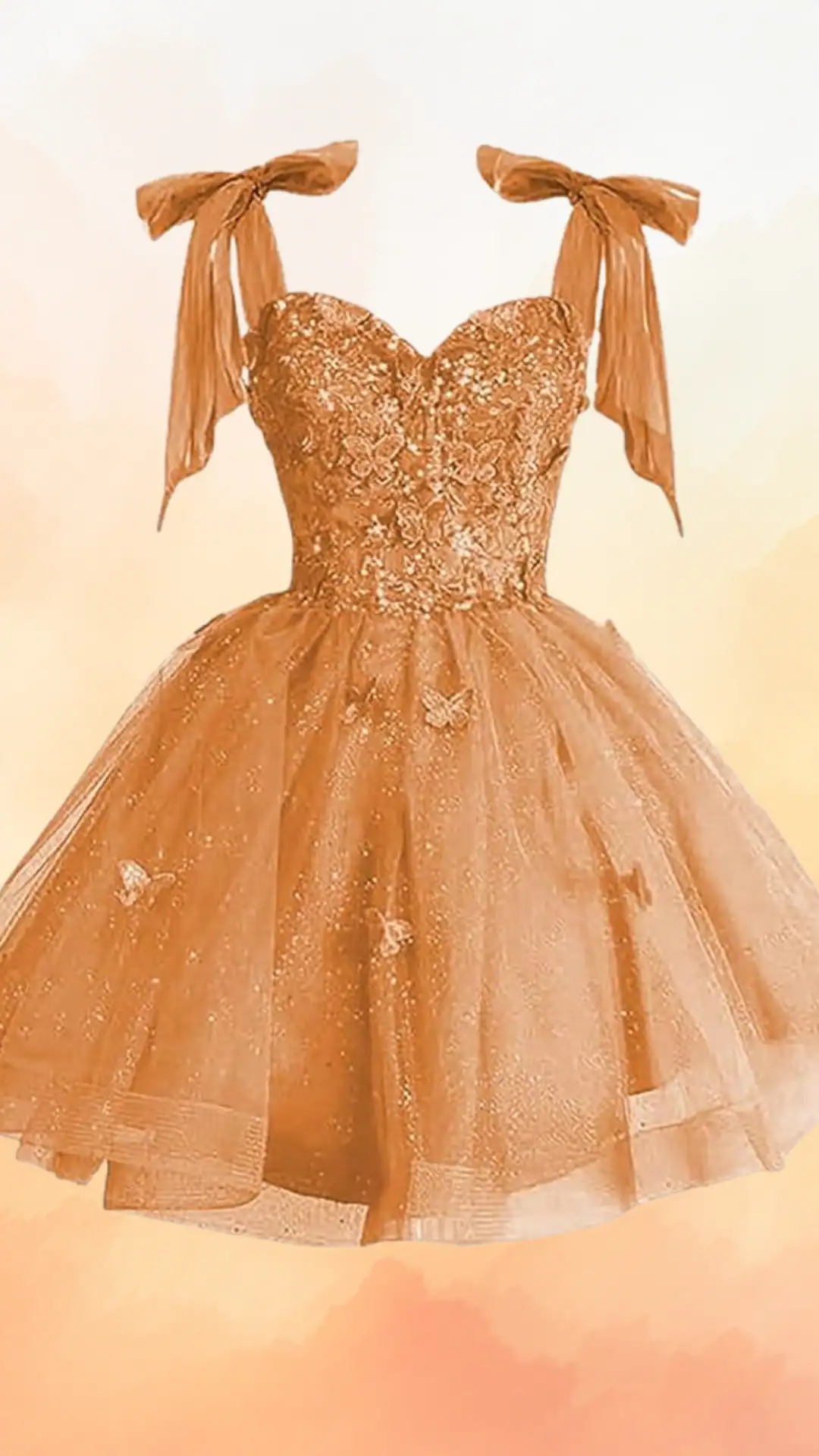 This enchanting orange homecoming dress features a fitted, corseted bodice adorned with intricate floral embellishments and shimmering sequins, while the voluminous skirt, made of soft tulle, cascades gracefully. With delicate ribbon straps and a whimsical butterfly motif, this playful yet elegant design radiates a cheerful vibe, making it perfect for festive occasions such as homecoming or school dances for teenage girls.
