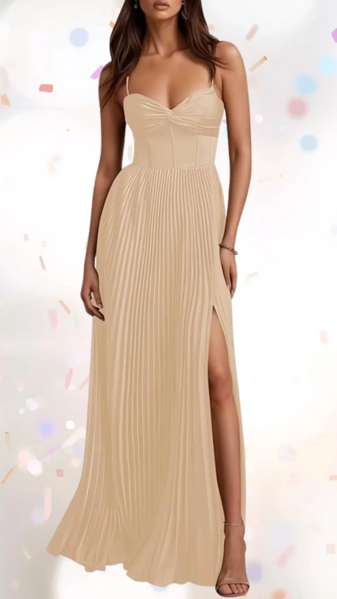 This elegant engagement party dress features a fitted bodice with a sweetheart neckline and adjustable spaghetti straps, made from a luxurious blend with a soft sheen. The skirt showcases flowing pleats that create movement and a playful side slit, while its neutral beige tone adds warmth, making it both sophisticated and whimsical, perfect for a celebratory occasion.
