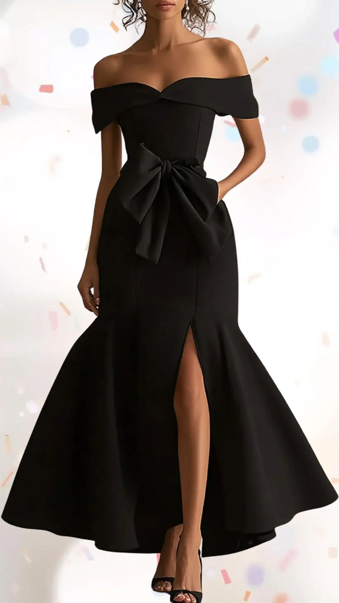 The dress features a sleek, off-the-shoulder design crafted from a smooth, structured fabric, highlighted by a wide bow at the waist for a touch of whimsy. Its elegant mermaid silhouette includes a thigh-high slit and a flared hem, creating a refined yet playful look perfect for an engagement party. The classic black color adds an elevated appeal while maintaining a celebratory vibe.