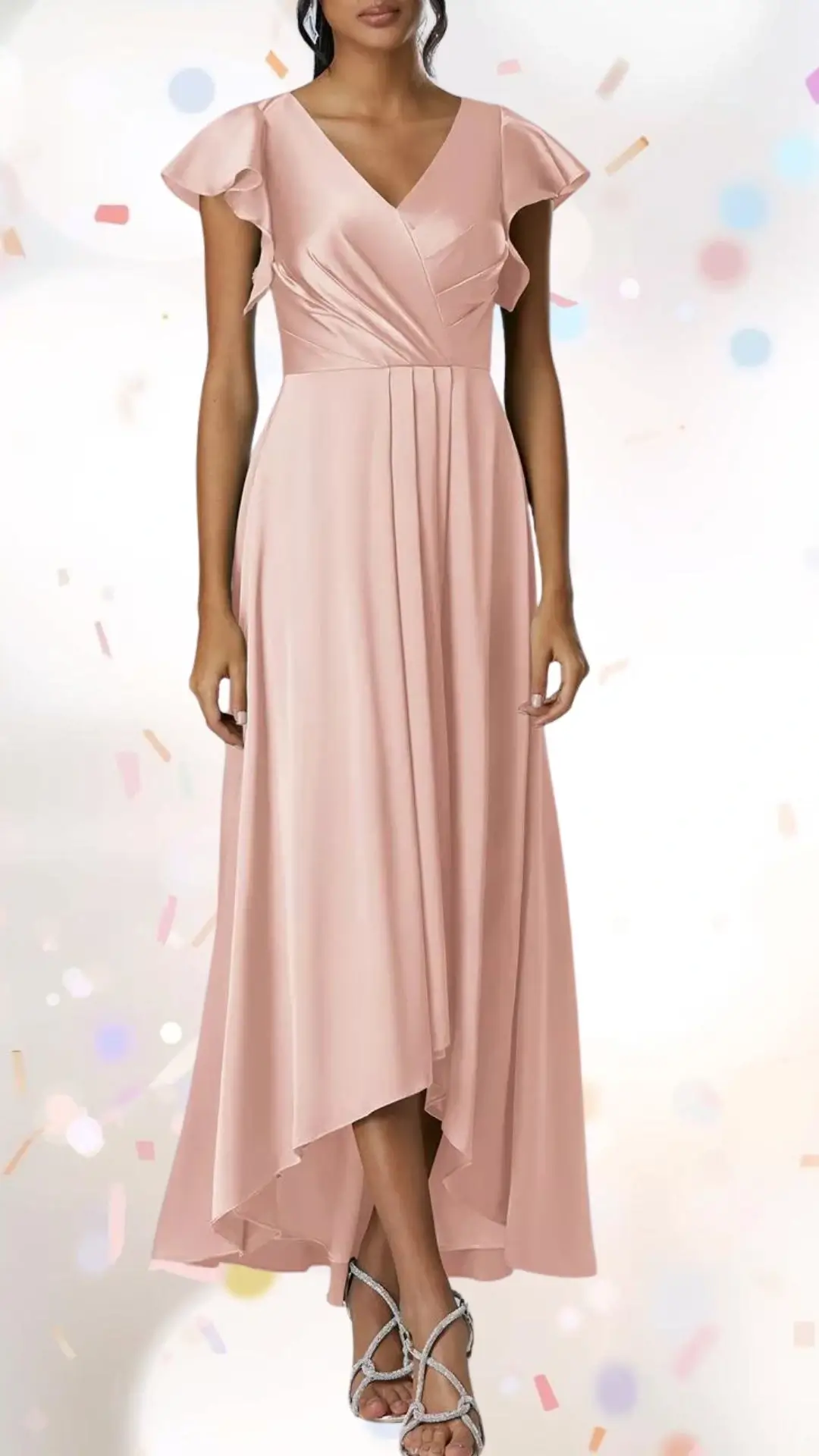 This elegant, blush pink maxi dress features delicate flutter sleeves and a flattering V-neckline, crafted from soft, flowing fabric that adds a touch of whimsy. The dress is designed with subtle pleats for a graceful silhouette, with a fashionable hi-low hem that enhances its celebratory feel, making it perfect for an engagement party. Styled simply with glittering strappy heels, it strikes a balance between sophistication and playful charm.