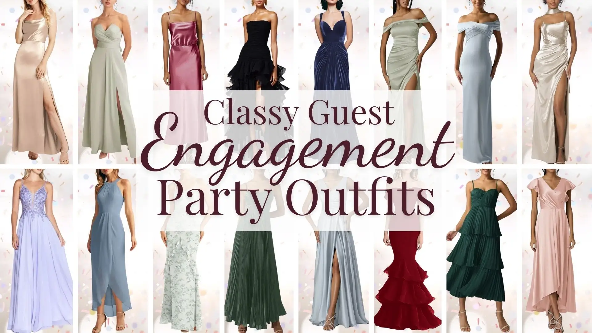 A collection of engagement party guest dresses showcases a mix of elegant styles in soft pastels and rich jewel tones. Textures range from delicate lace with floral embroidery to smooth satin and flowing chiffon, featuring details like off-the-shoulder necklines, playful ruffles, and thigh-high slits that convey a balance of sophistication and whimsy. The variety includes fitted silhouettes with pleats and cascading layers, making them perfect for a celebratory yet classy occasion.
