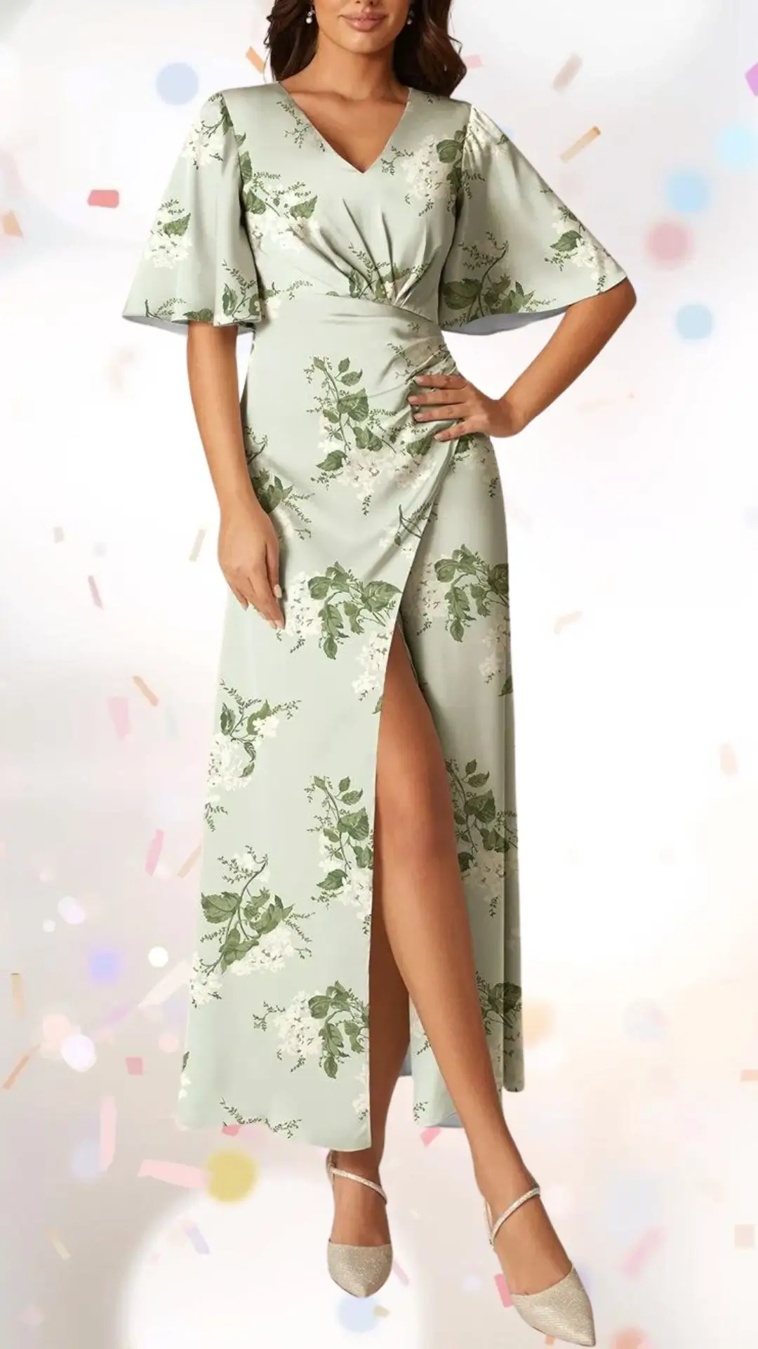A flowing, floor-length dress in a soft mint green fabric features a delicate floral pattern with white blooms and lush greenery. The dress boasts a flattering deep V-neckline and stylish flutter sleeves, while a front slit adds an elegant touch, balancing sophistication with a hint of whimsy. Complemented by subtle sheen and a lightweight texture, this outfit is perfect for an engagement party celebration.