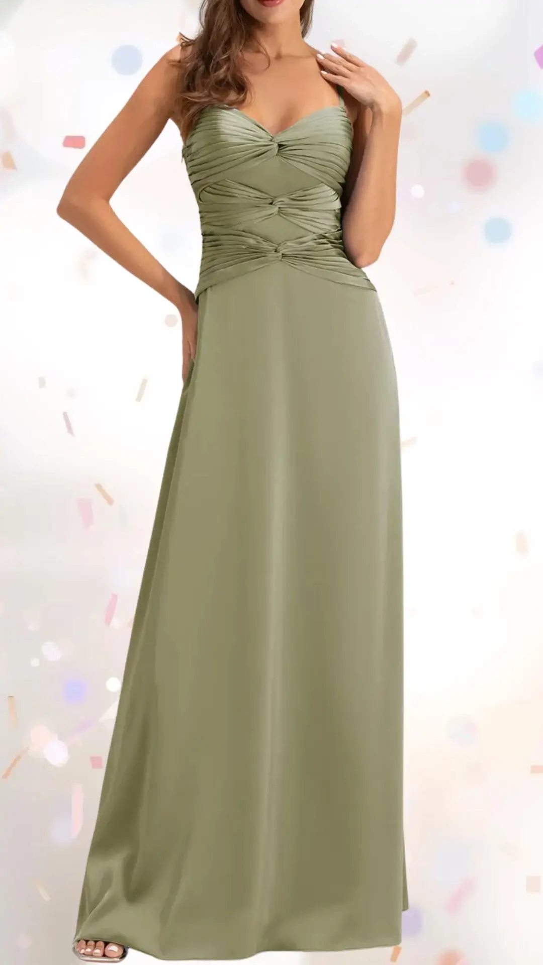 This elegant engagement party dress features a fitted bodice with a sweetheart neckline and delicate ruching, creating an elevated yet approachable look. The smooth, lightweight fabric in a soft olive green cascades into a flowing skirt, while playful side pockets add a whimsical touch without compromising sophistication. The spaghetti straps enhance the overall charm, making it a perfect choice for a celebratory occasion.