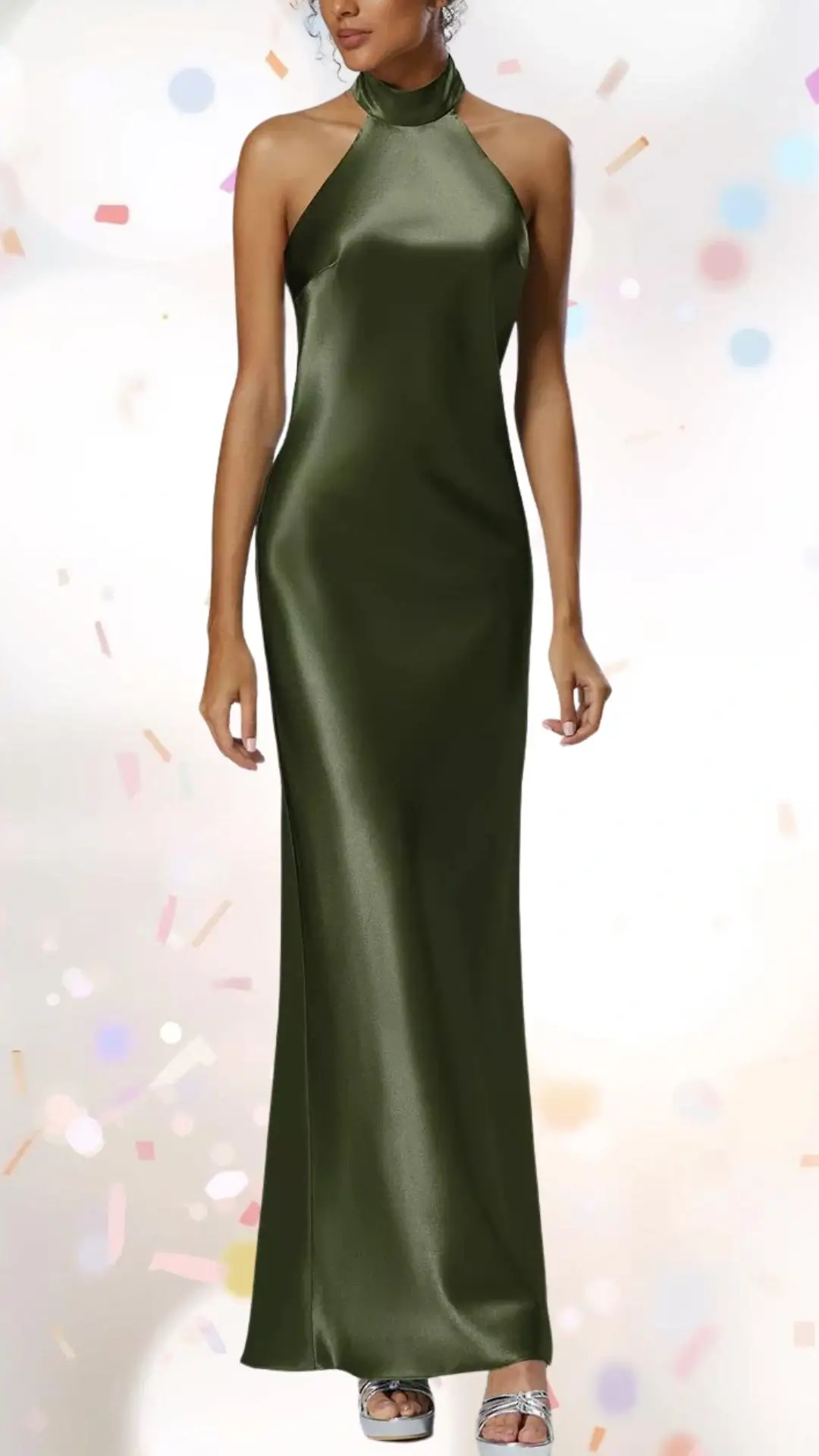 This elegant engagement party dress features a halter neckline and a form-fitting silhouette, crafted from smooth olive satin fabric that glistens under light. The floor-length gown has a subtle side slit, adding a touch of playfulness, while its clean lines and minimalistic design elevate its sophistication, making it perfectly suited for a celebratory yet refined atmosphere.