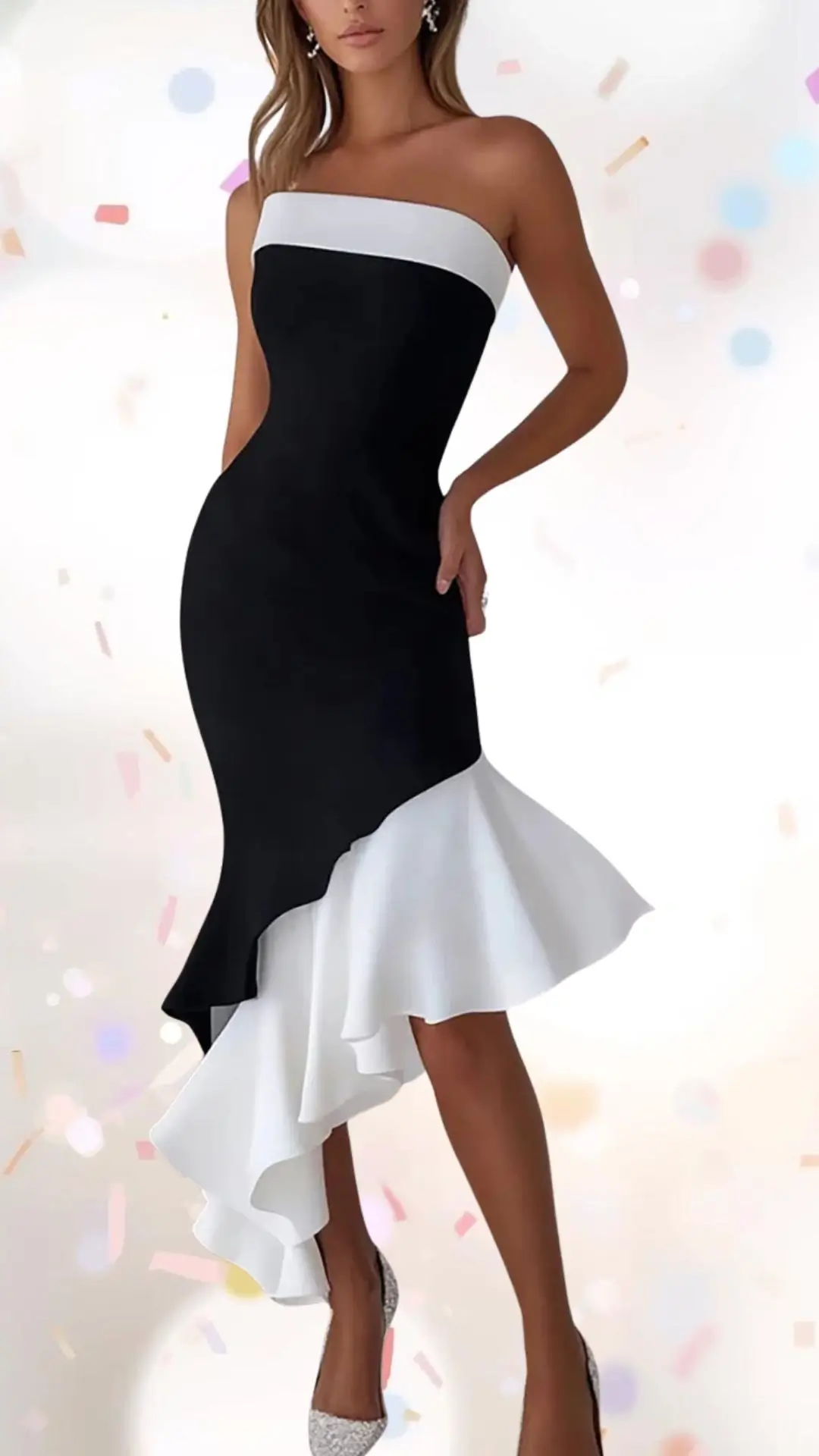 This strapless dress features a sleek black bodice contrasted by a bold white band along the neckline, culminating in an elegant asymmetrical hemline. The lower portion flows into soft, ruffled fabric that adds playful movement and dimension. Crafted from smooth, lightweight fabric, this outfit balances sophistication with a touch of whimsy, making it ideal for a celebratory occasion.