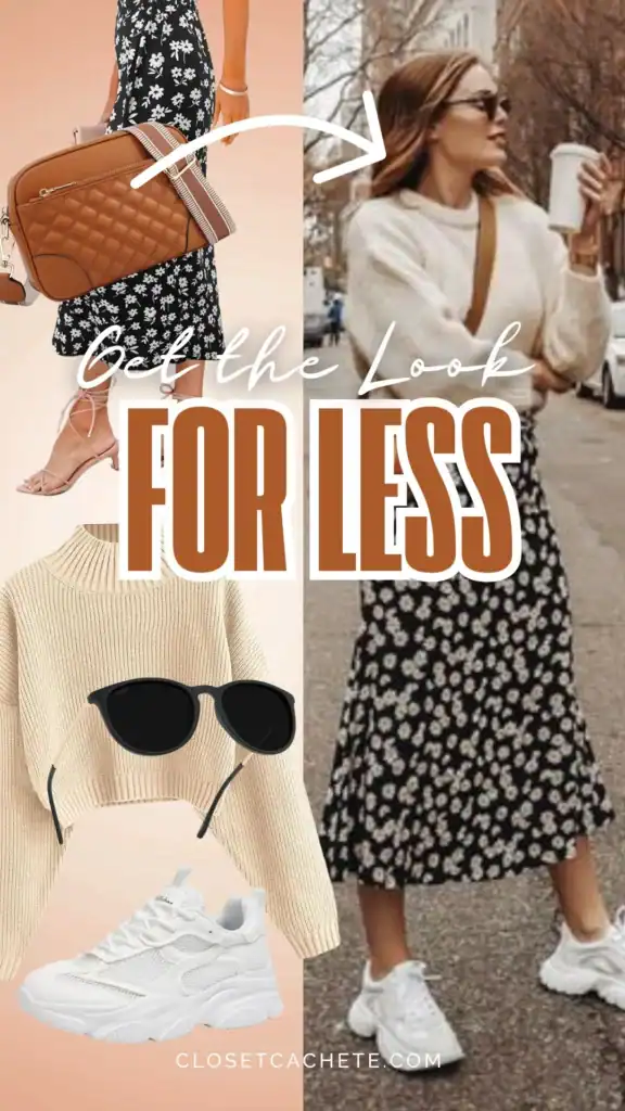 fall-casual-outfit-black-dress-2025-07-11t002625-000z The image showcases a casual fall outfit featuring a long, flowy black dress adorned with small white floral patterns, complemented by a cozy beige knit sweater. Accessories include a stylish quilted brown crossbody bag, black sunglasses, and white chunky sneakers, emphasizing a relaxed yet fashionable look. The dress offers a comfortable, loose fit, ideal for layering during the fall season.