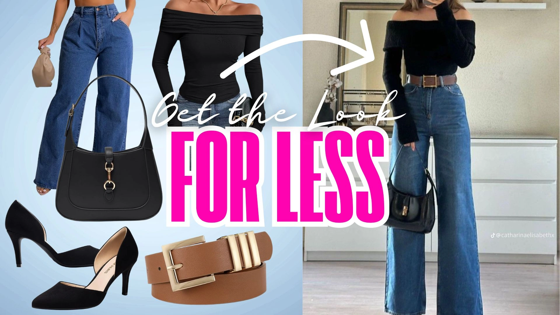 The image features a casual amazon outfit centered around a sleek black off-the-shoulder top, paired with high-waisted, wide-leg blue denim jeans. The look is complemented by stylish accessories, including a black handbag and pointed-toe heels, creating a chic silhouette with a relaxed fit that highlights the waist. The overall ensemble combines sophistication with comfort, perfect for everyday outfits.
